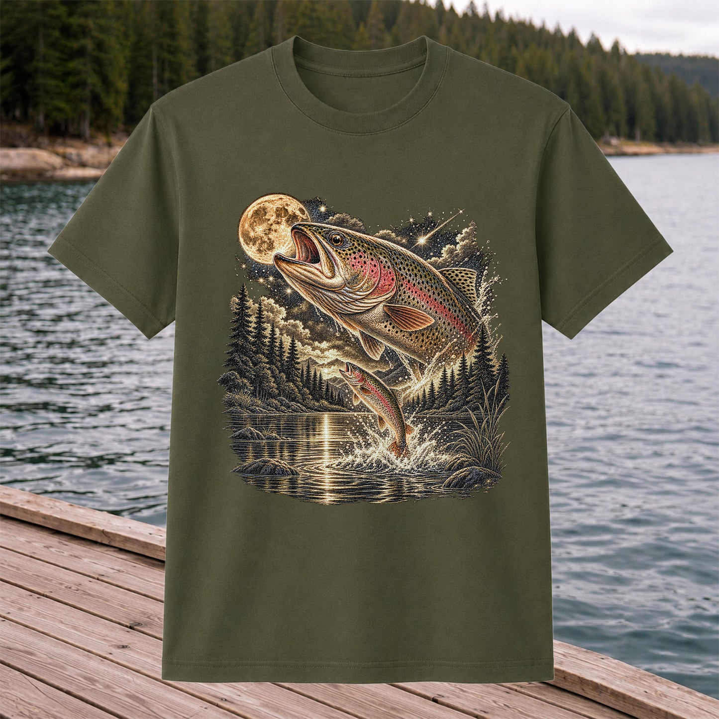 Moonlit Rainbow Trout Jumping from Mountain Lake Graphic T-Shirt