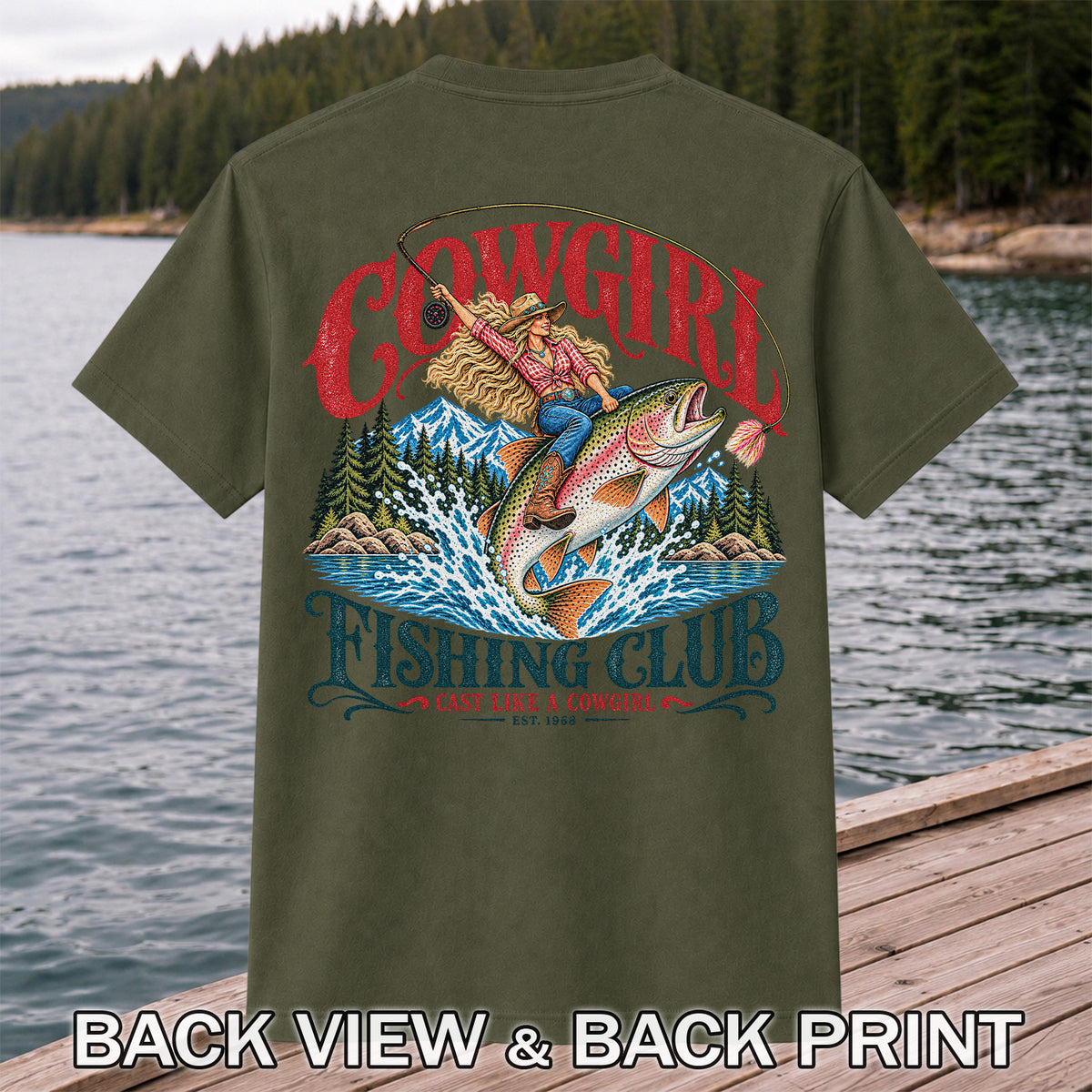 Cowgirl Riding Trout Fishing Club Graphic T-Shirt | Back Print