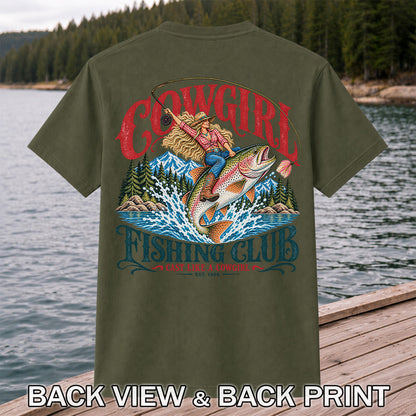 Cowgirl Riding Trout Fishing Club Graphic T-Shirt | Back Print