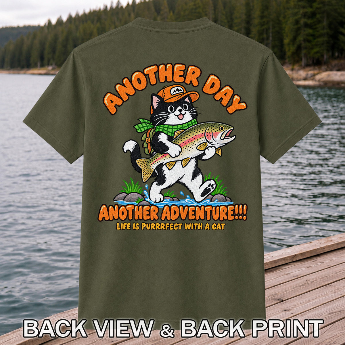 Another Day Another Adventure Cat and Trout Fishing Graphic T-Shirt | Back Print