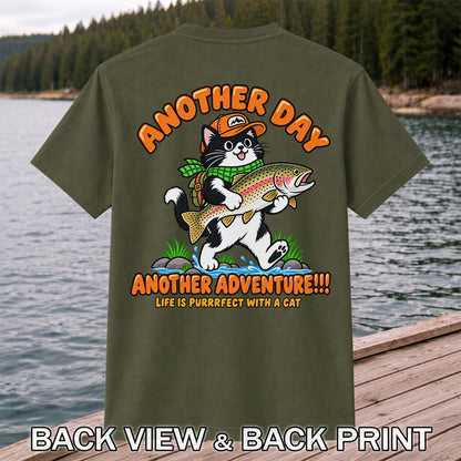 Another Day Another Adventure Cat and Trout Fishing Graphic T-Shirt | Back Print