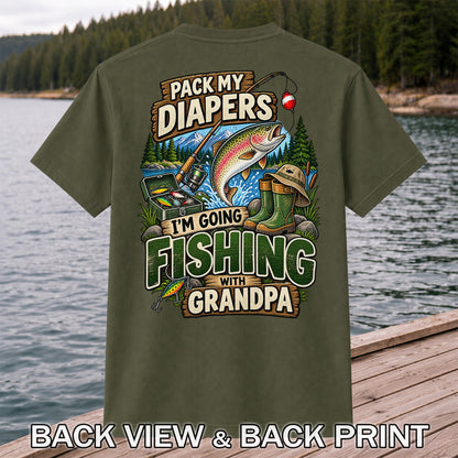 Pack My Diapers I'm Going Fishing With Grandpa Rainbow Trout T-Shirt | Back Print