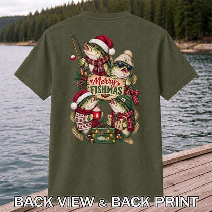 Merry Fishmas Bass Christmas Fishing Graphic T-Shirt | Back Print