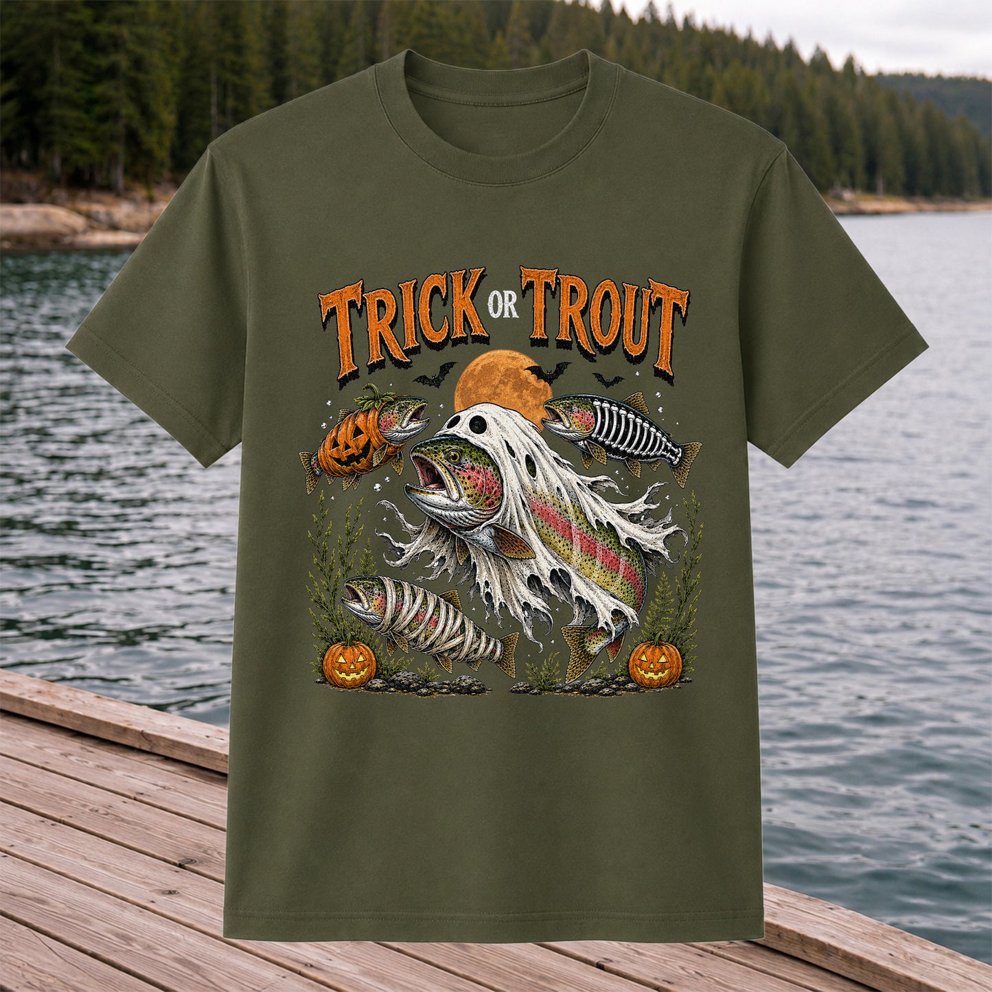 Trick or Trout Halloween T-Shirt Funny Trout Fishing Halloween Tee