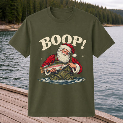 Boop Santa Holding Trout Funny Christmas Fishing T-Shirt