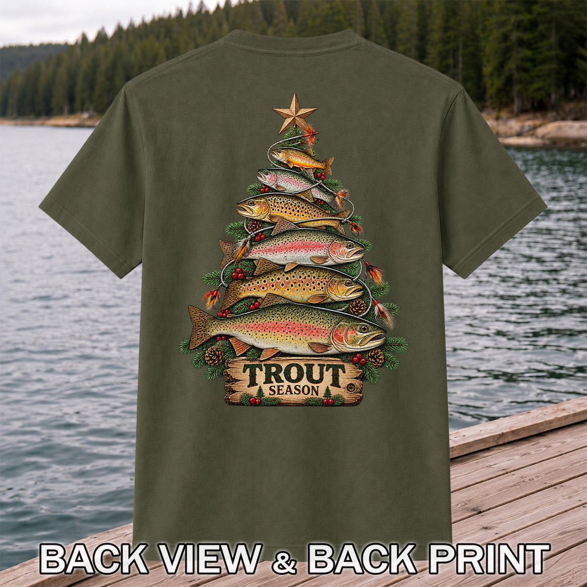 Trout Season Fish Christmas Tree Fishing T-Shirt | Back Print