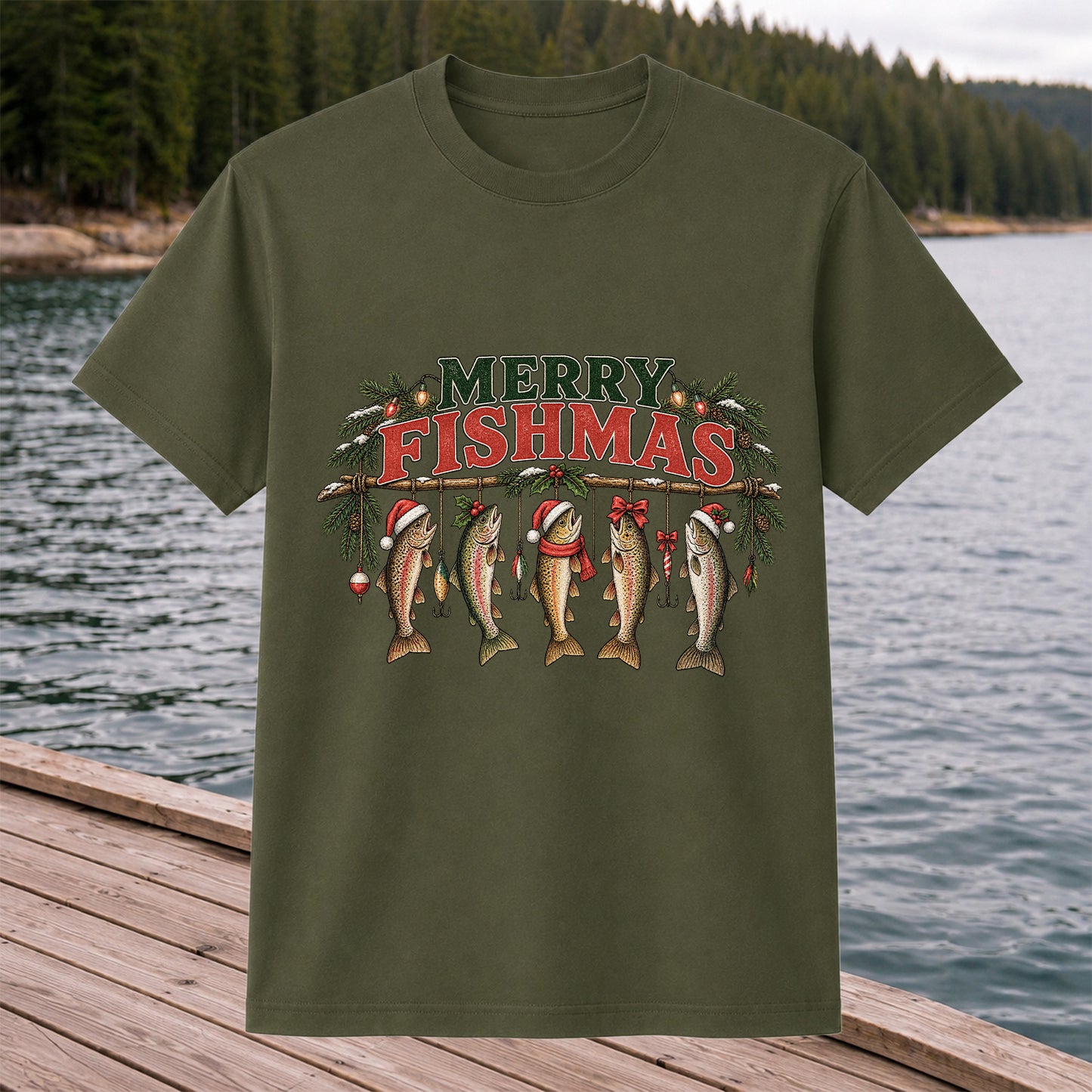 Merry Fishmas Five Christmas Trout Fishing Graphic T-Shirt