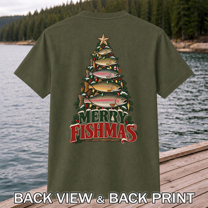 Merry Fishmas Trout Christmas Tree Fishing T-Shirt | Back Print