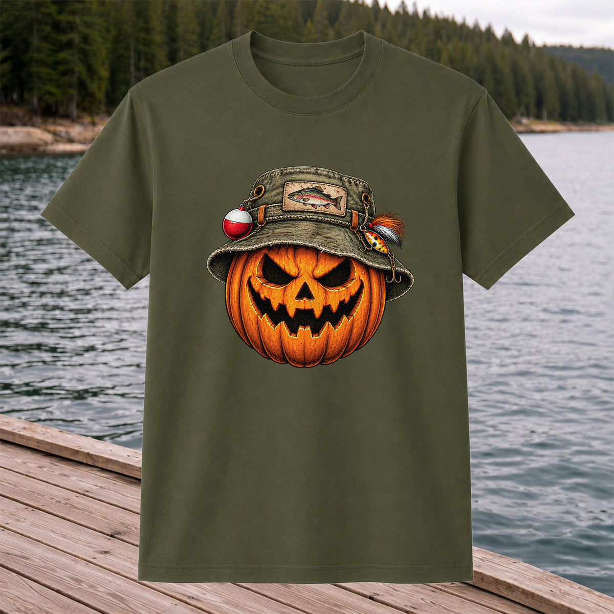 Halloween Pumpkin in a Trout Fishing Hat Graphic T-Shirt