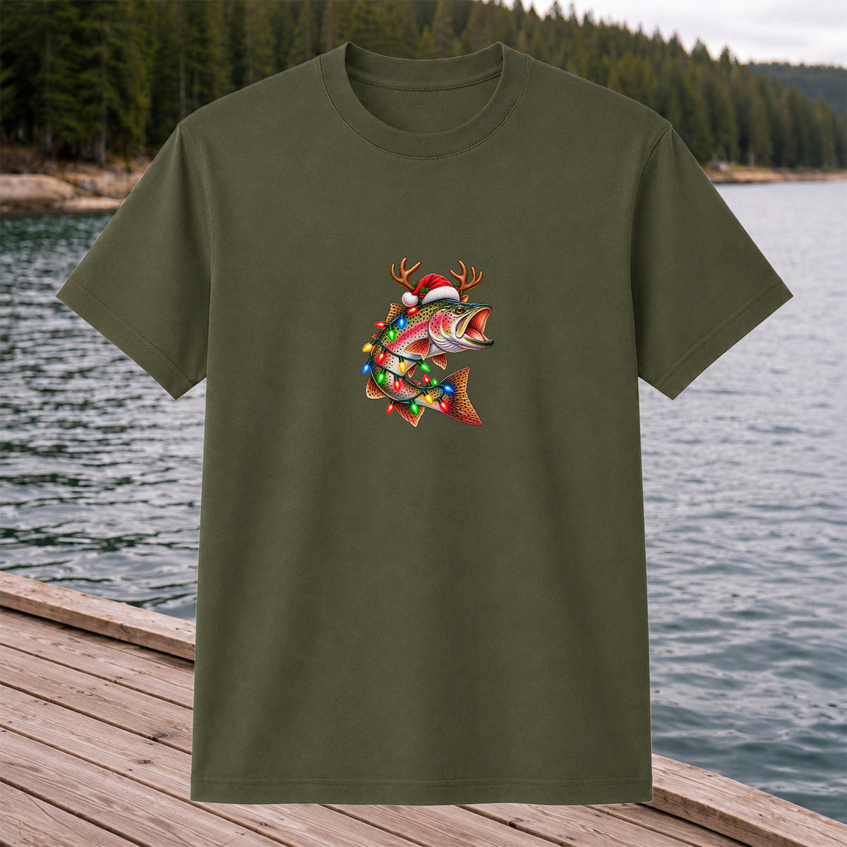 Christmas Rainbow Trout with Santa Hat, Antlers and Holiday Lights Fishing T-Shirt
