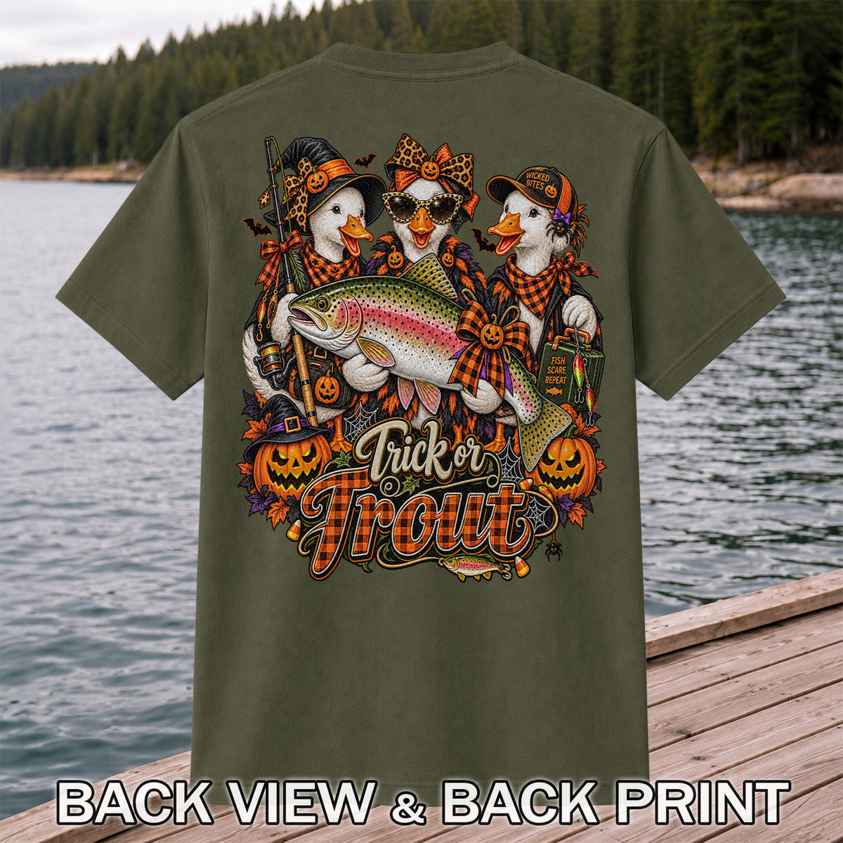 Trick or Trout Halloween Ducks with Rainbow Trout and Pumpkins Fishing T-Shirt | Back Print