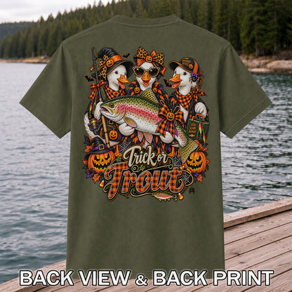 Trick or Trout Halloween Ducks with Rainbow Trout and Pumpkins Fishing T-Shirt | Back Print