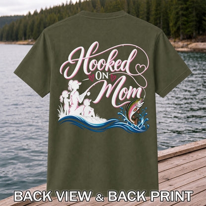 Hooked on Mom Rainbow Trout Family Fishing T-Shirt | Back Print