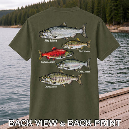 King Pink Sockeye Coho and Chum Salmon Fishing Graphic T-Shirt | Back Print