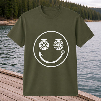 Fishing Reel Eyes Smiley Face Minimalist Graphic T-Shirt