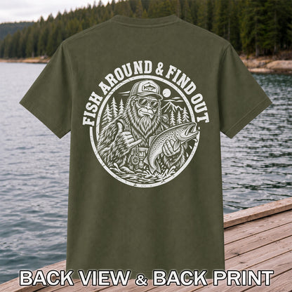 Fish Around & Find Out Bigfoot Trout Fishing Graphic T-Shirt | Back Print
