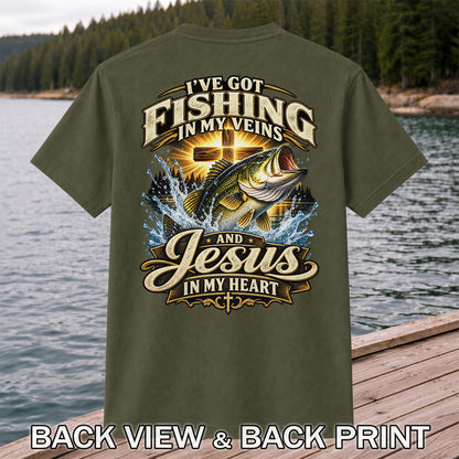 I've Got Fishing in My Veins and Jesus in My Heart Bass and Cross T-Shirt | Back Print