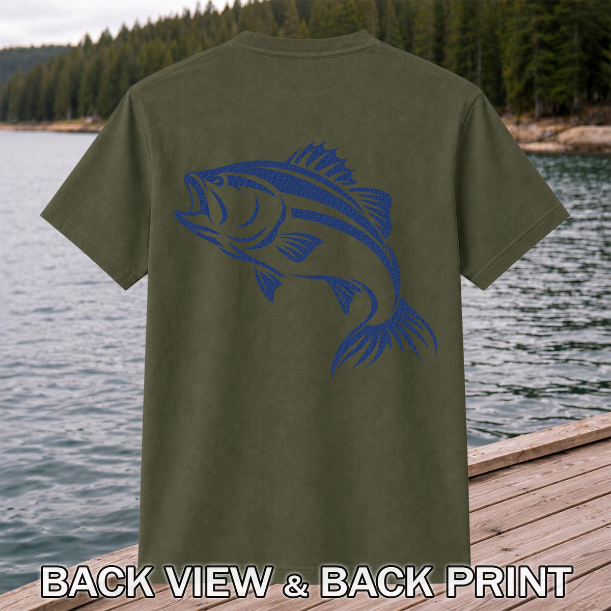 Blue Bass Fishing Line Art Graphic T-Shirt | Back Print