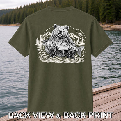 Bear Holding Trout in Mountain Lake Fishing Graphic T-Shirt | Back Print