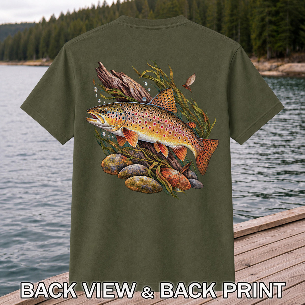 Vintage Brown Trout River Fishing Graphic T-Shirt | Back Print
