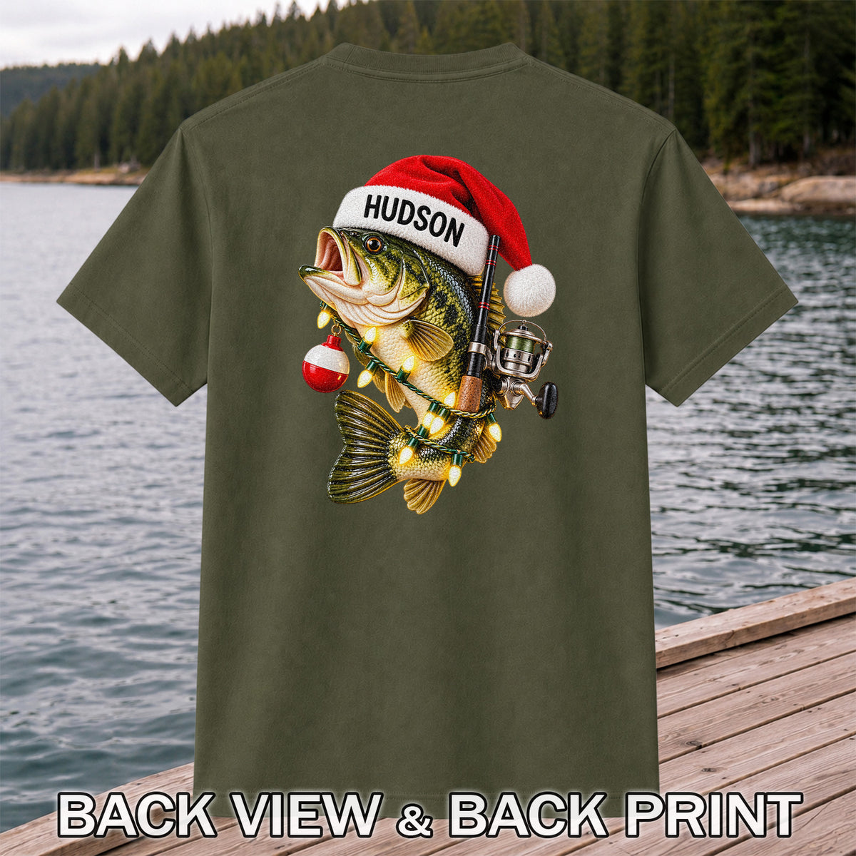Hudson Santa Hat Bass Christmas Fishing Graphic T-Shirt | Back Print
