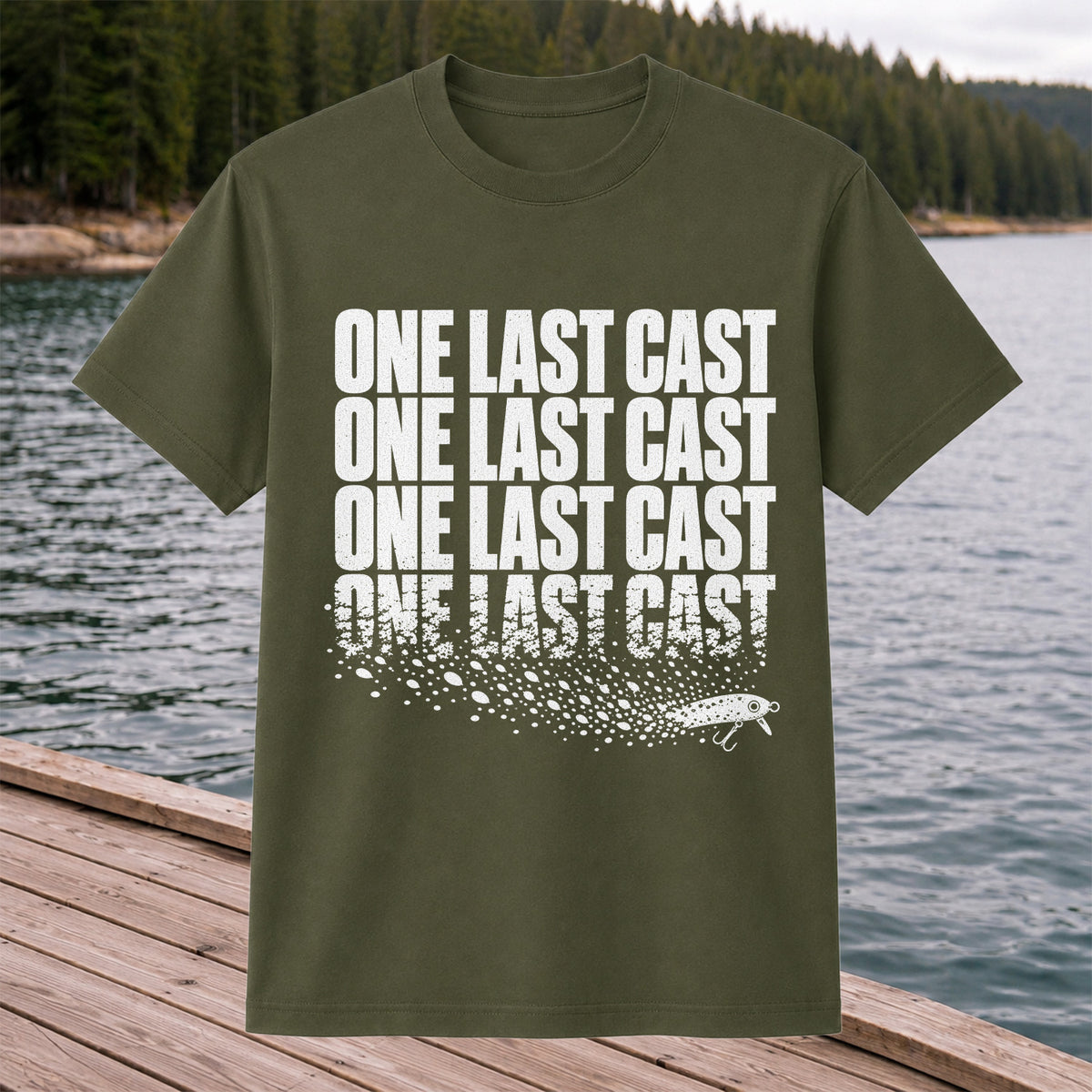 One Last Cast Repeating Fishing Lure Graphic T-Shirt