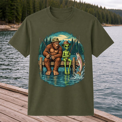 Bigfoot and Alien Fishing on a Dock with Rainbow Trout Graphic T-Shirt