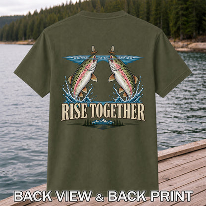 Rise Together Rainbow Trout Fly Fishing Graphic T-Shirt | Back Print