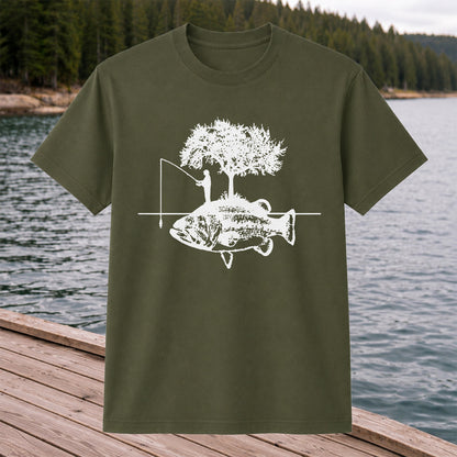 Fish and Tree Silhouette Fishing Graphic T-Shirt