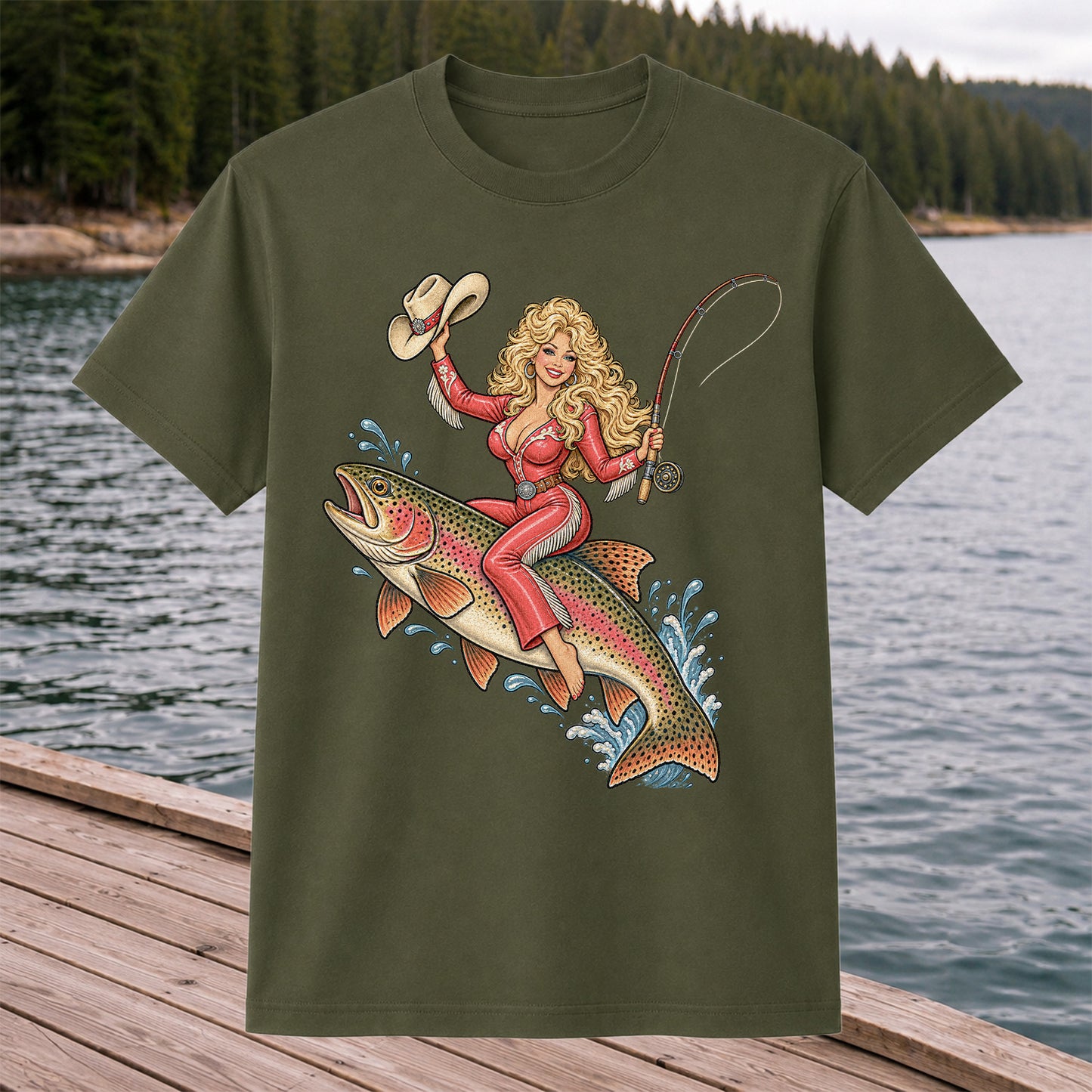 Cowgirl Riding a Rainbow Trout Western Fishing Graphic T-Shirt