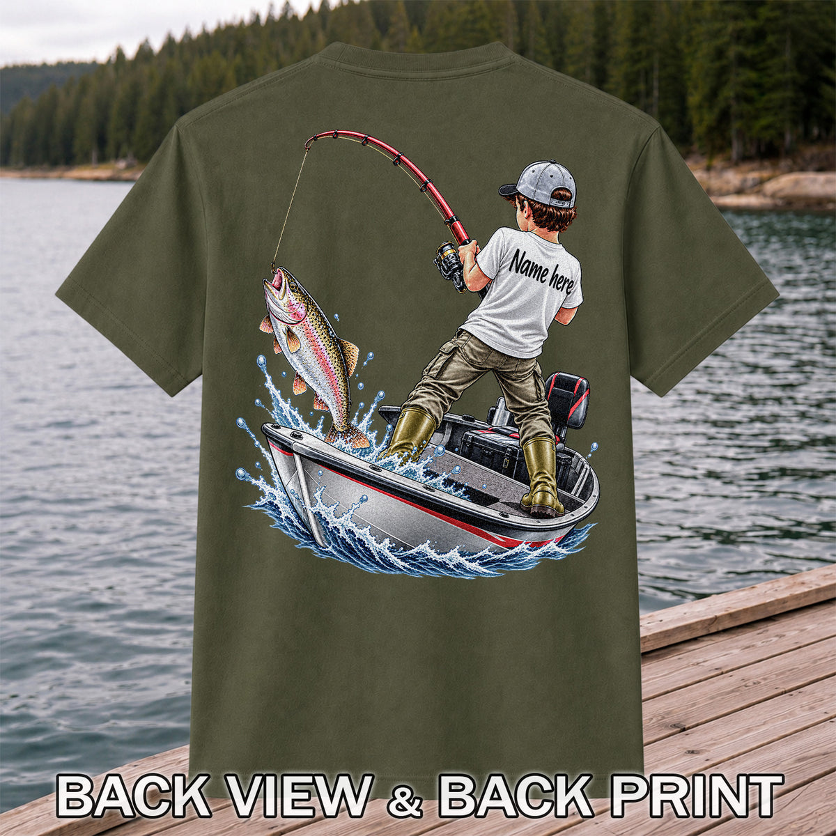 Personalized Boy Fishing Boat and Rainbow Trout Graphic T-Shirt | Back Print