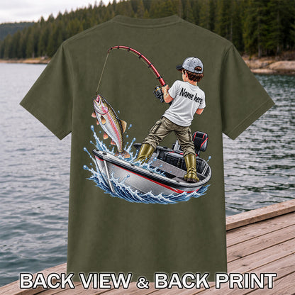Personalized Boy Fishing Boat and Rainbow Trout Graphic T-Shirt | Back Print
