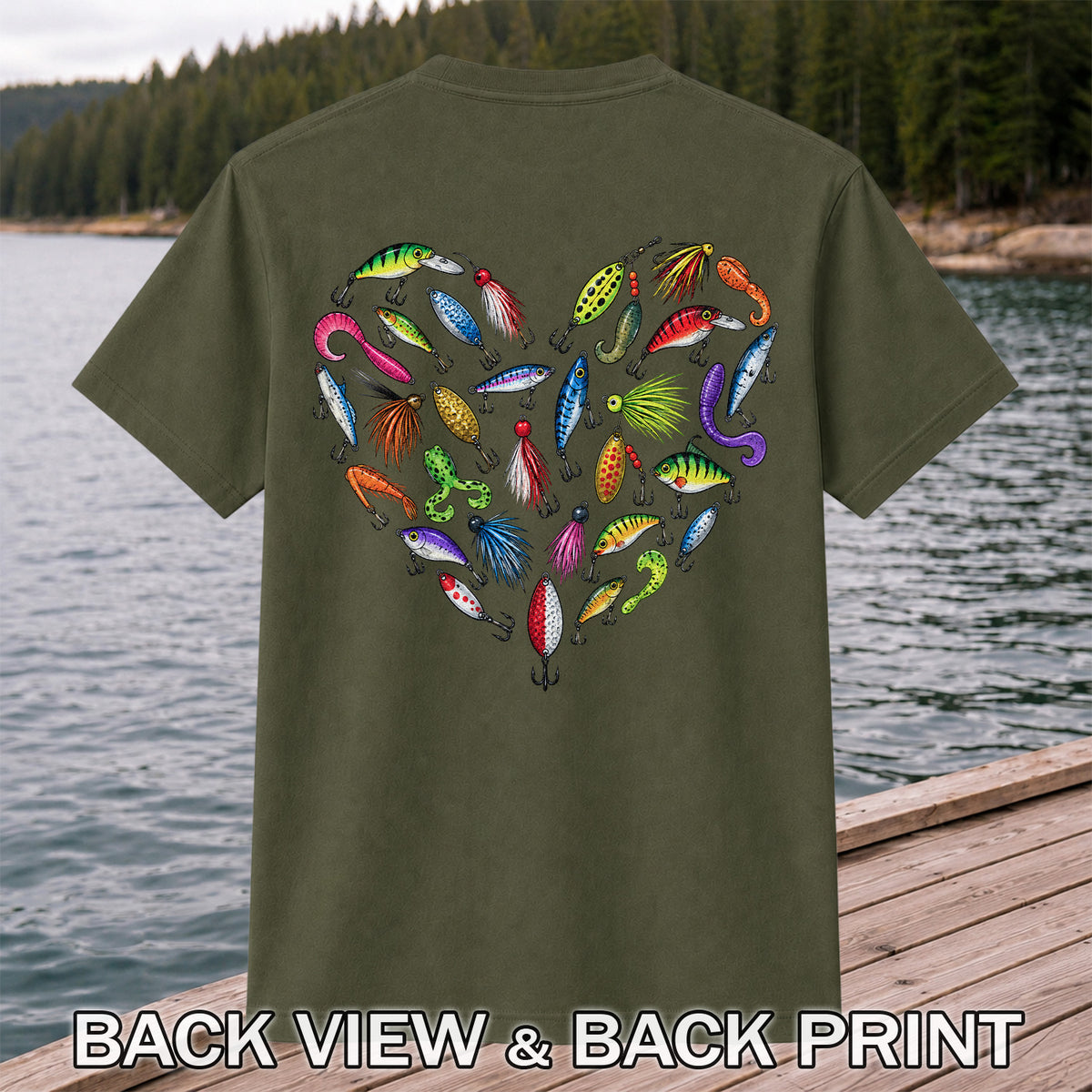 Colorful Fishing Lures in a Heart Shape Graphic T-Shirt | Back Print