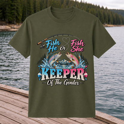 Fish He or Fish She Keeper of the Gender Rainbow Trout Fishing Gender Reveal T-Shirt