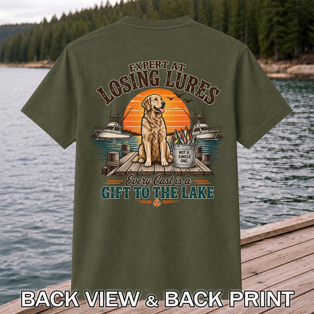 Expert at Losing Lures Golden Retriever Funny Fishing T-Shirt | Back Print