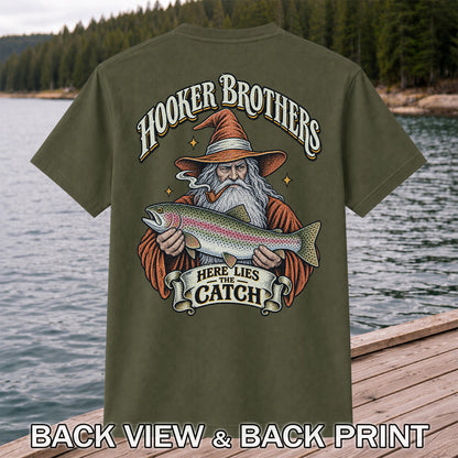 Hooker Brothers Here Lies the Catch Wizard Trout Fishing T-Shirt | Back Print