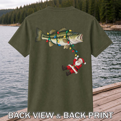 Santa Hanging from Christmas Lights on Bass Fishing Graphic T-Shirt | Back Print