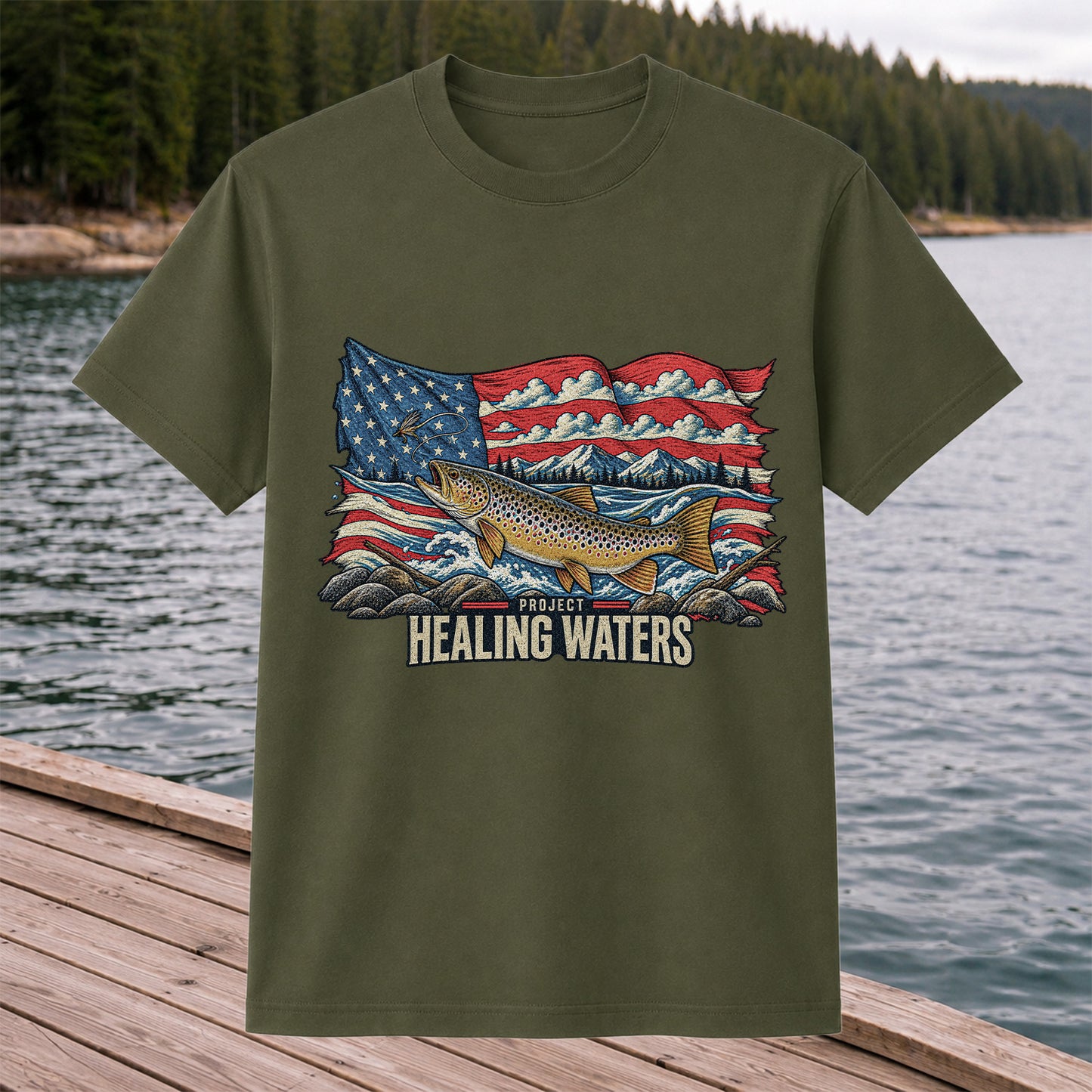 Healing Waters American Flag Brown Trout Fishing Graphic T-Shirt