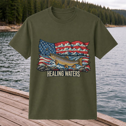 Healing Waters American Flag Brown Trout Fishing Graphic T-Shirt