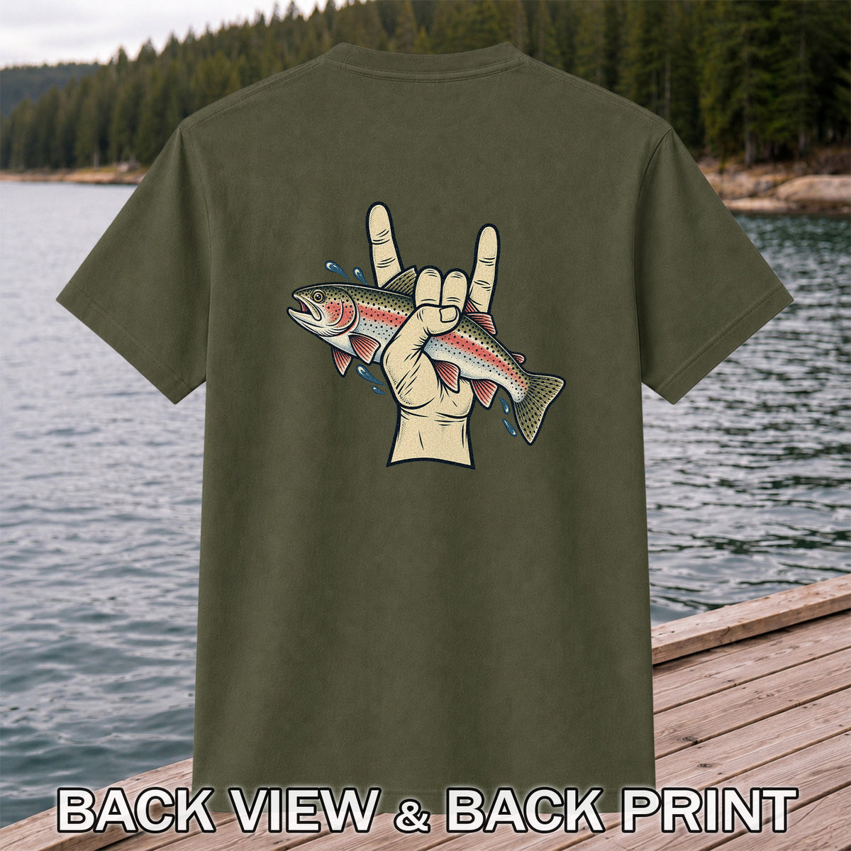 Rainbow Trout Rock On Hand Gesture Fishing Graphic T-Shirt | Back Print