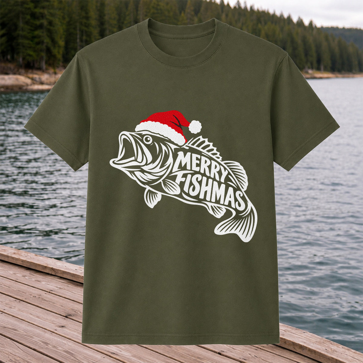 Santa Hat Fish Christmas Fishing Graphic T-Shirt