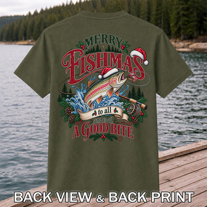 Merry Fishmas to All and to All a Good Bite Rainbow Trout T-Shirt | Back Print