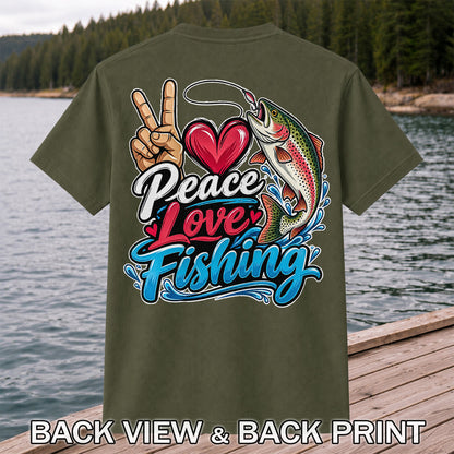 Peace Love Fishing Rainbow Trout and Heart Graphic T-Shirt | Back Print