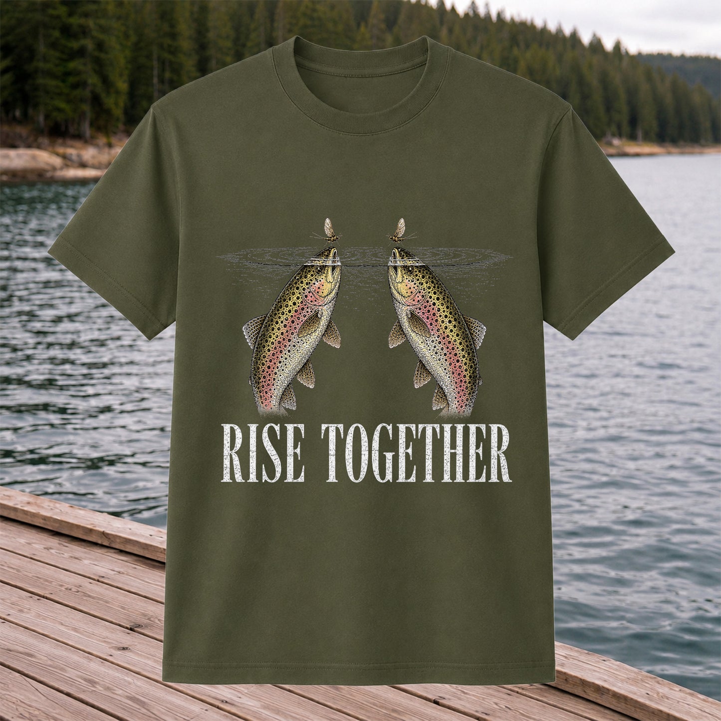 Rise Together Twin Trout and Mayfly Fishing Graphic T-Shirt