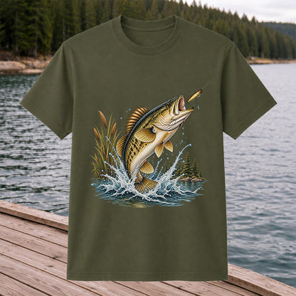 Jumping Bass Chasing a Lure Lake Fishing Graphic T-Shirt