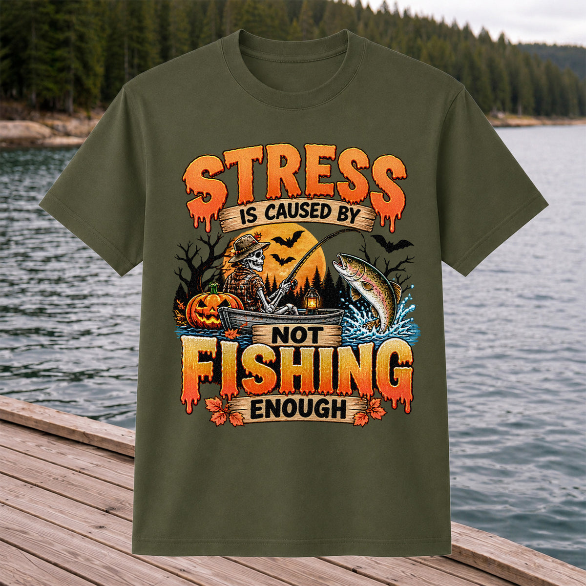 Stress Is Caused by Not Fishing Enough Skeleton Halloween Trout T-Shirt