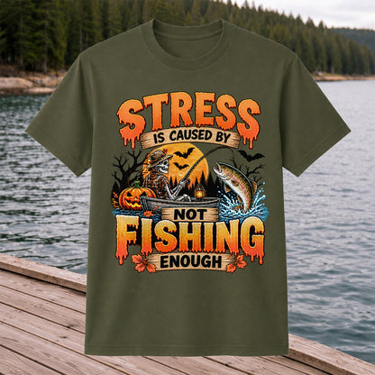 Stress Is Caused by Not Fishing Enough Skeleton Halloween Trout T-Shirt
