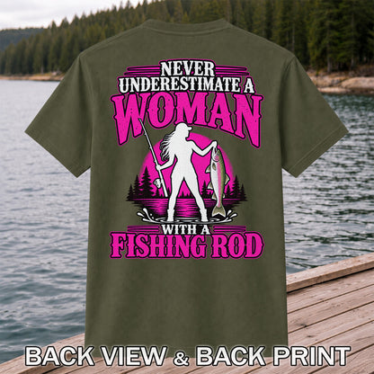 Never Underestimate a Woman With a Fishing Rod Trout T-Shirt | Back Print