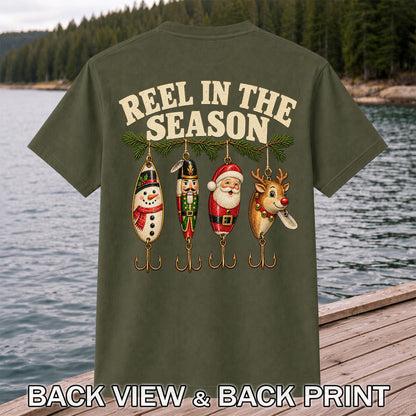 Reel in the Season Christmas Fishing Lures Graphic T-Shirt | Back Print