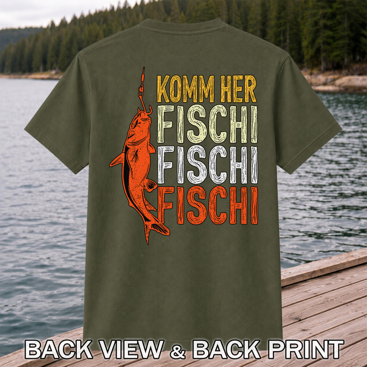 Komm Her Fischi Fischi Funny Catfish Fishing Graphic T-Shirt | Back Print